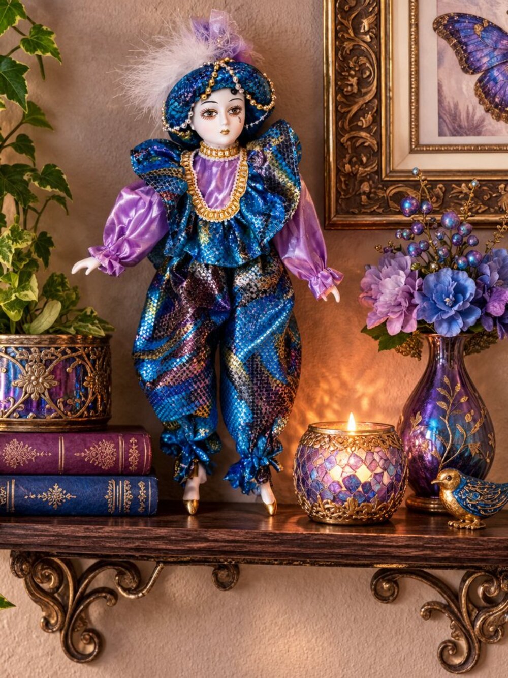Dramatic Vintage Porcelain Pierrot Harlequin Clown Doll Excellent Condition